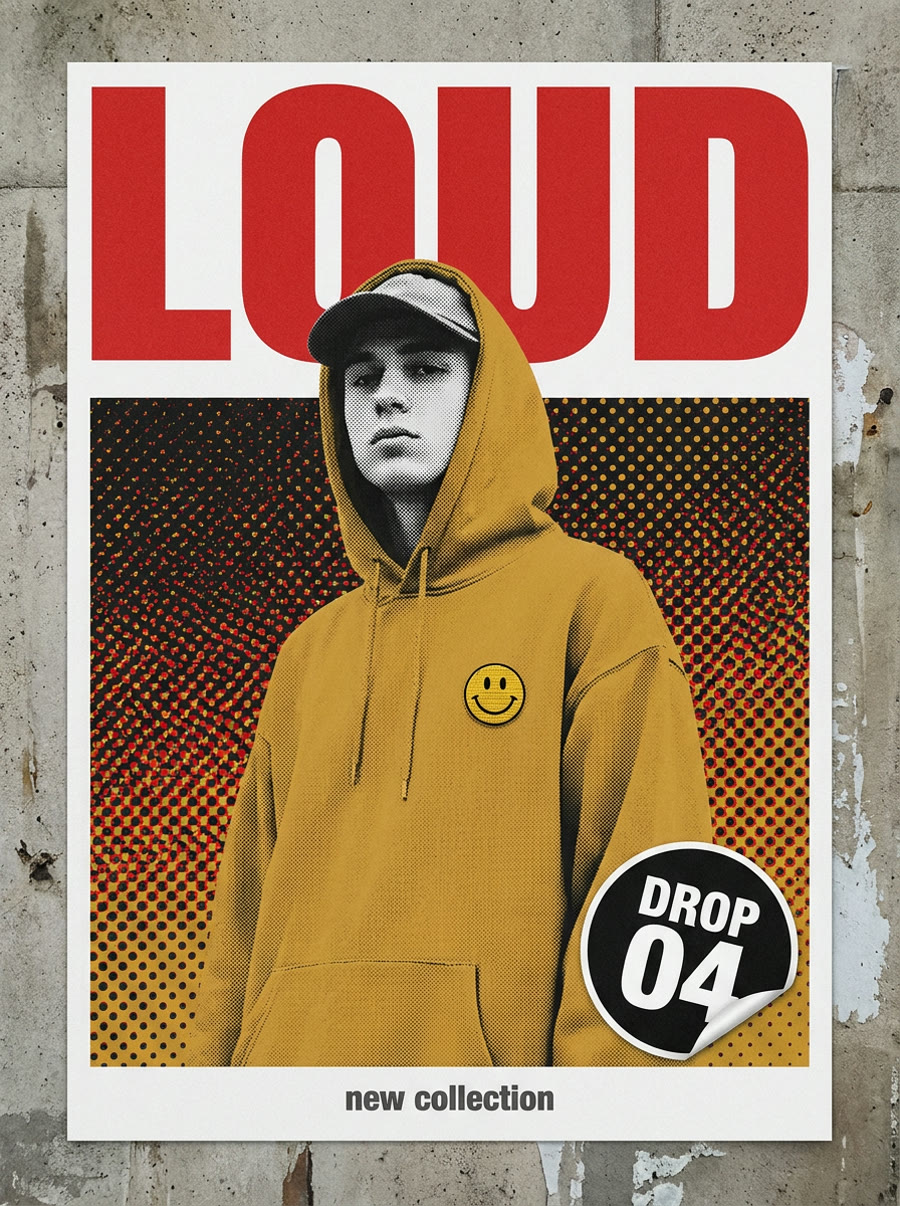 Nano Banana Pro: Swiss-style streetwear poster: huge red LOUD headline, a model in a mustard hoodie, halftone, a DROP 04 sticker