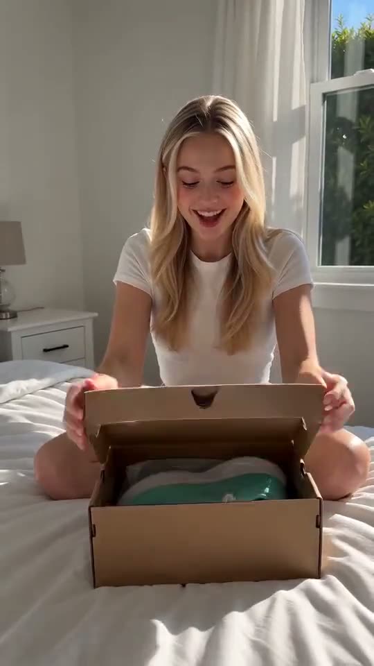 Seedance 2.0 Mini: UGC phone footage: a girl in a sunny bedroom unboxes a glowing mint sneaker and happily shows it to the camera