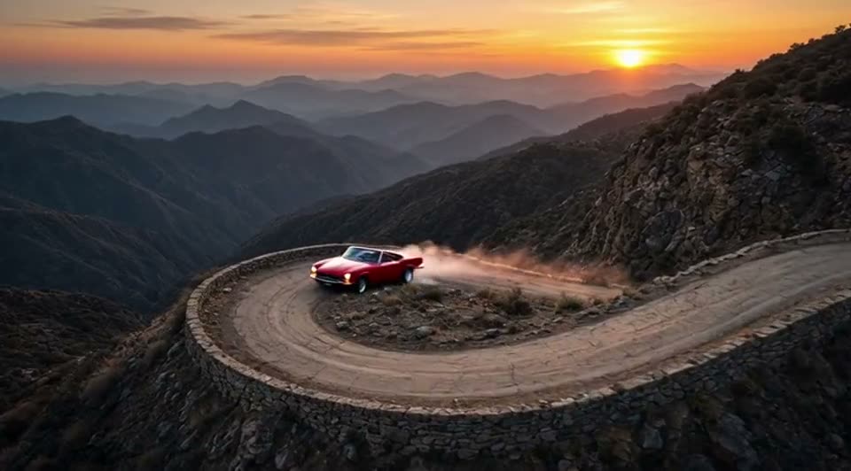 Grok Imagine: A red vintage convertible drifts through a mountain hairpin at sunset, tire smoke, drone follow shot